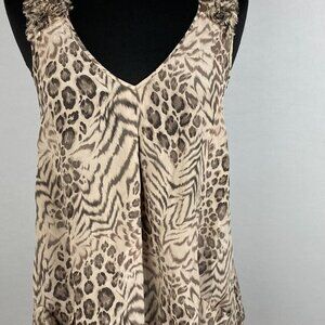 Rebecca Taylor Animal Print Ruffled Sleeveless Shoulders Women's 2 Silk Top